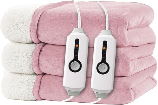 Electric Heated Blanket 84"x90" Queen Size, Dual-Sided Microplush Sherpa for Bedroom Couch Use, 4 Heat Settings & 10 Hours Auto Off Energy Saving, Dual Controller, Machine Washable - Light Pink