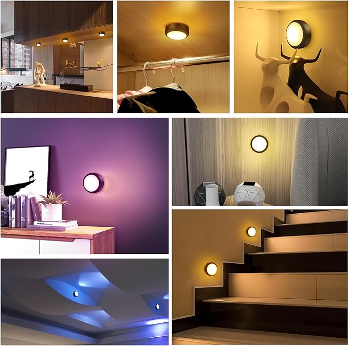 BLS LED Puck Lights with Remote Control, Wireless Under Cabinet & Closet Lighting, RGB 13 Color Changing Lights with Dimmer, Timer & AA Battery Operated, Push, Touch, Stick on for Night, Black, 2 Pack