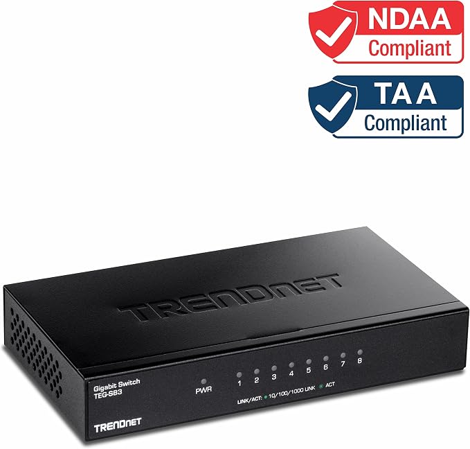 TRENDnet 8-Port Gigabit Desktop Switch, TEG-S83, 8 x Gigabit RJ-45 Ports, Ethernet Splitter, 16Gbps Switching Capacity, Fanless Design, Metal Enclosure, Lifetime Protection, Black