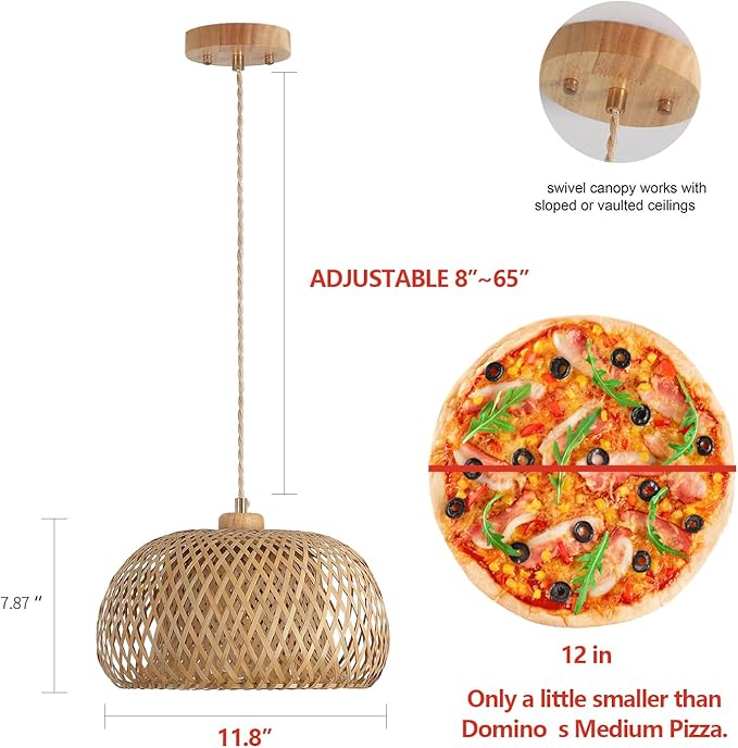 Bamboo Pendant Light Fixture One-Light Adjustable Boho Basket Handmade Woven Pendant Lighting for Kitchen Island Sink Farmhouse Dining Room