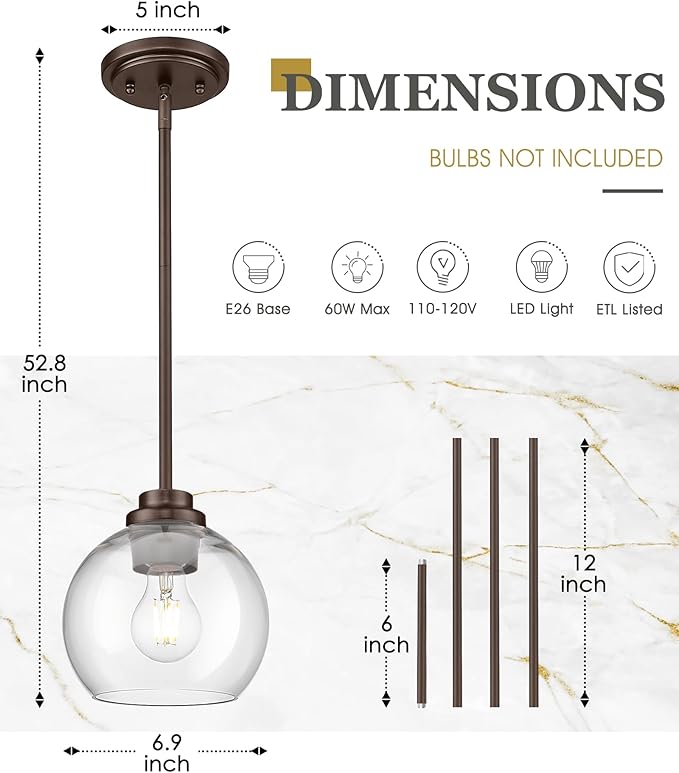 2-Pack Pendant Lights Kitchen Island, 7" Oil Rubbed Bronze Hanging Lights Fixtures with Clear Glass Globe Shade, Modern Kitchen Island Lighting for Bathroom, AD-22280-1P2-ORB