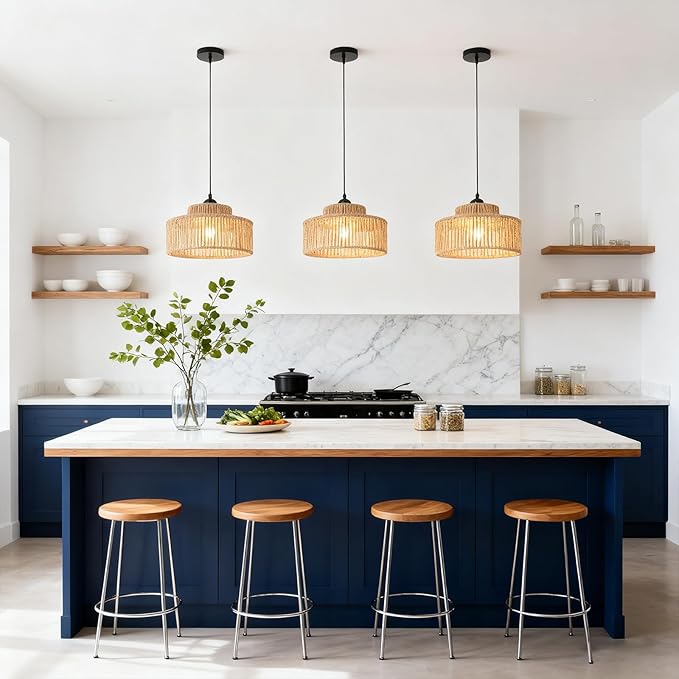 2 Pack Rattan Pendant Light,11 Inch Boho Kitchen Island light Fixtures,Handmade Woven Hanging Lamp,Small Wicker Chandelier,Basket Hanging Light for Bedroom Kitchen Living Room Restaurant Hallway Foyer