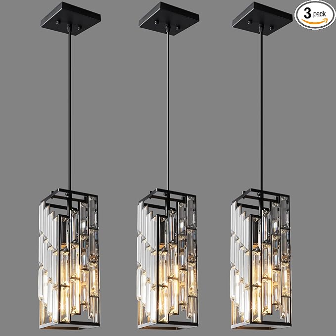 Black Pendant Lighting Modern Pendant Light, Mini Crystal Chandeliers,Adjustable Pendant Light Fixture for Kitchen Island Dinning Room Bedroom (3 Pack)