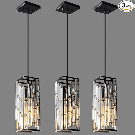 Black Pendant Lighting Modern Pendant Light, Mini Crystal Chandeliers,Adjustable Pendant Light Fixture for Kitchen Island Dinning Room Bedroom (3 Pack)
