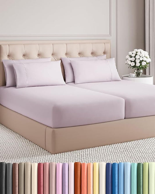 Split King 7 Piece Sheet Set - Comfy Breathable & Cooling - Soft Hotel Luxury Bedding Set w/ 8-16 Inch Deep Pockets - 1 Flat & 2 Fitted Sheet & 4 Pillowcases - Cozy and Wrinkle Free - Light Lavender