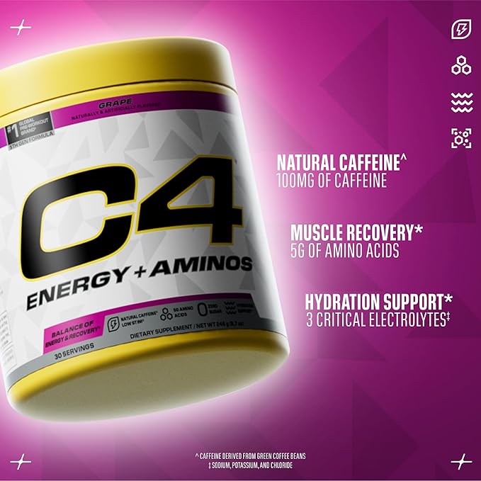 C4 Energy + Aminos Powder, 5g BCAAs & EAAs for Muscle Recovery, 3 Electrolytes for Hydration, 100mg Natural Caffeine, Pre Workout, Zero Sugar, 30 Servings, Grape