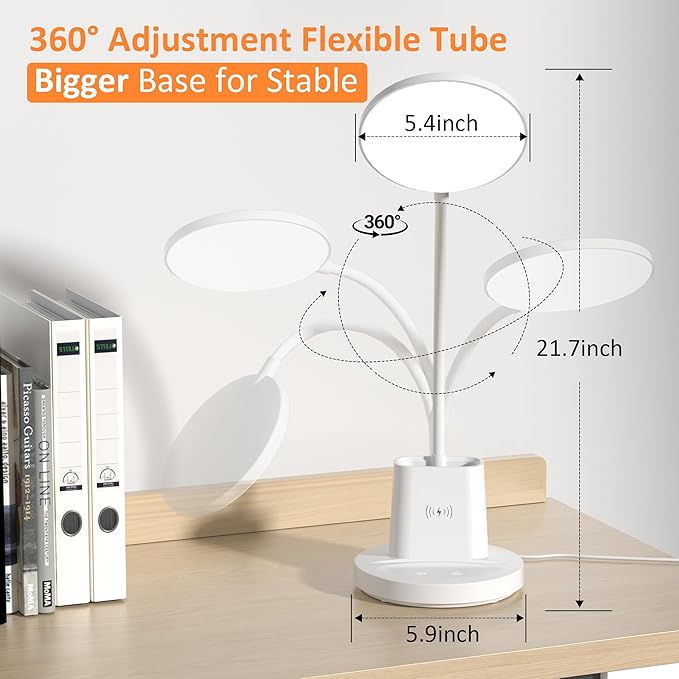 Desk Lamp for Home Office, LED Desk Lamp with Wireless Charger Pen Phone Holder, Dimmable Desk Light 3 Color Modes, College Dorm Study Lamp for College Dorm, CRI 90 800 Lumen