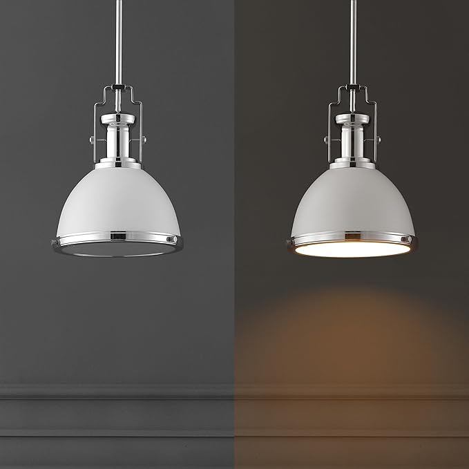 JONATHAN Y 10" Chrome/White Modern Industrial Iron LED Dome Pendant Light, Adjustable Hanging Fixture for Kitchen Island or Entryway, White Metal Shade, LED Bulb Included (JYL9535C)