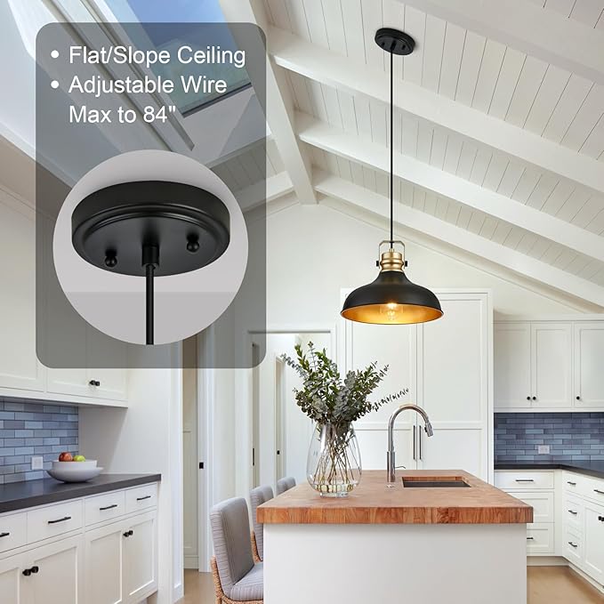 Black and Gold Farmhouse Pendant Lights Matte Pendant Lighting for Kitchen Island Industrial Adjustable Height Vintage Dome Hanging Light Fixtures for Barn, Dining Room 3 Packs