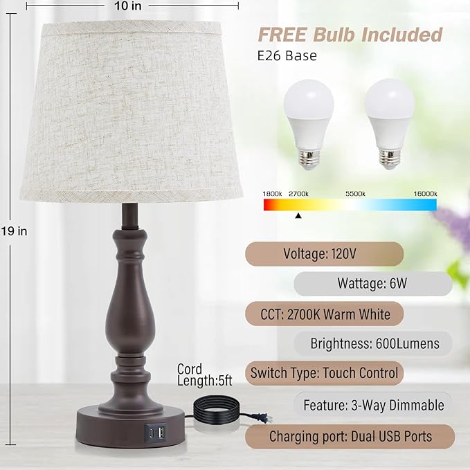 EJIAXIN Table Lamps for Bedrooms Set of 2 - Touch Bedside Lamps with USB C+A Ports - Dimmable Nightstand Lamps for End Tables Farmhouse Night Stand Lamps for Living Room Bed Side Guest Room