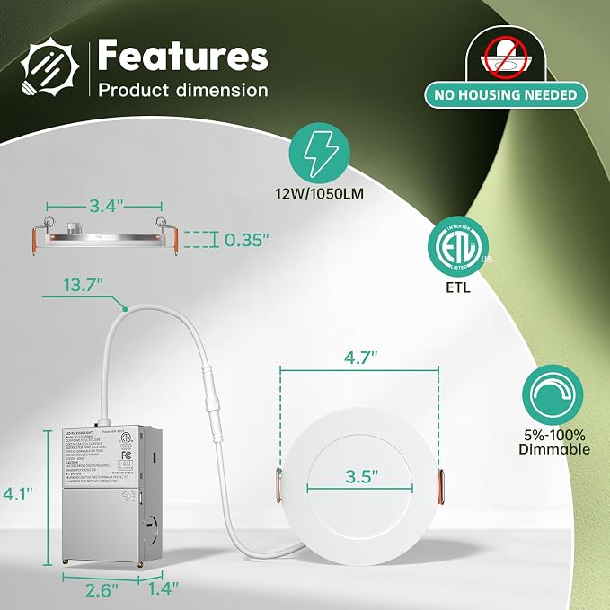 FREELICHT 24 Pack 4 Inch 5CCT Ultra-Thin LED Recessed Ceiling Light with Junction Box, 2700K/3000K/3500K/4000K/5000K Selectable, 700LM Brightness, Dimmable Canless Wafer Downlight, 10WEqv90W-ETL&FCC