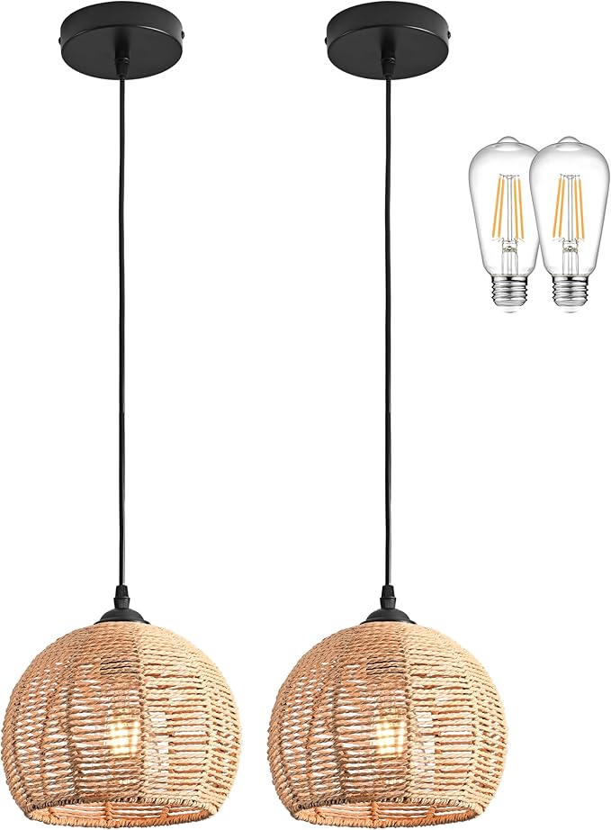 2 Pack Wicker Pendant Light Natural Woven Pendant Light Boho Chandelier Light Fixture Dome Rustic Farmhouse Pendant Lights Rattan Light Fixture for Kitchen Island Dining Room (Bulb Incl.)