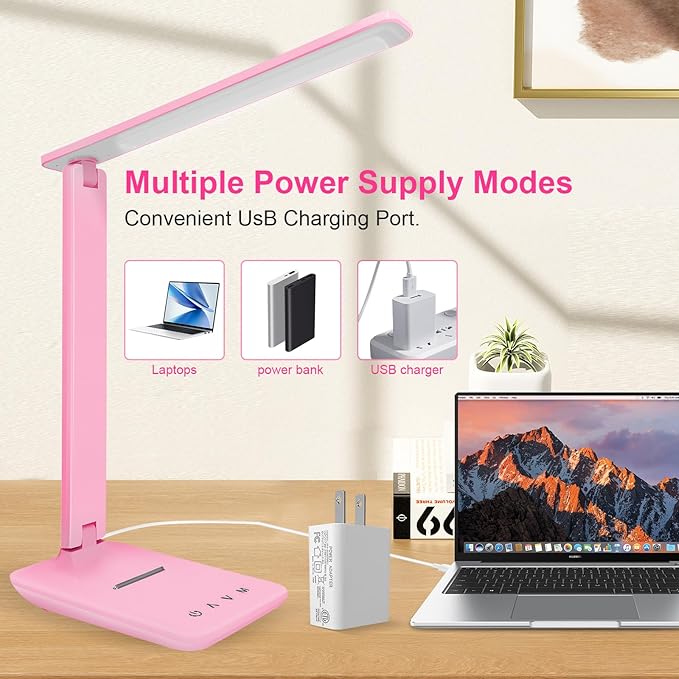 shinelife LED Desk Lamp for Office Home, Bright Desk Light with USB Charging Port, Adjustable Dimmable Desk Lamps 5 Modes 5 Brightness, Touch Study Lamp for Nail, Craft, Puzzle, Sewing, Study, Pink