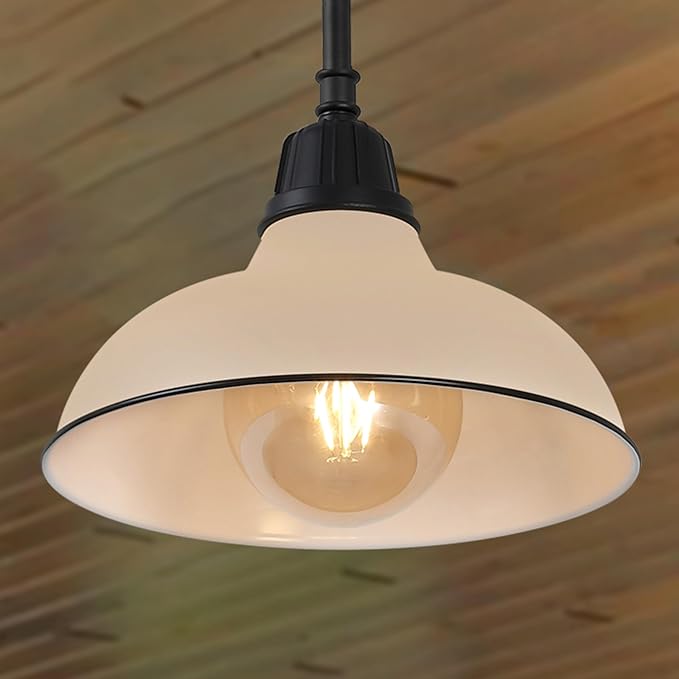 JONATHAN Y 12.25" Matte Almond 1-Light Farmhouse Indoor/Outdoor LED Pendant Iron Hanging Light, and Black Metal Shade, Rustic Ceiling Lamp for Kitchen Island, LED Bulb Included (JYL7611J)