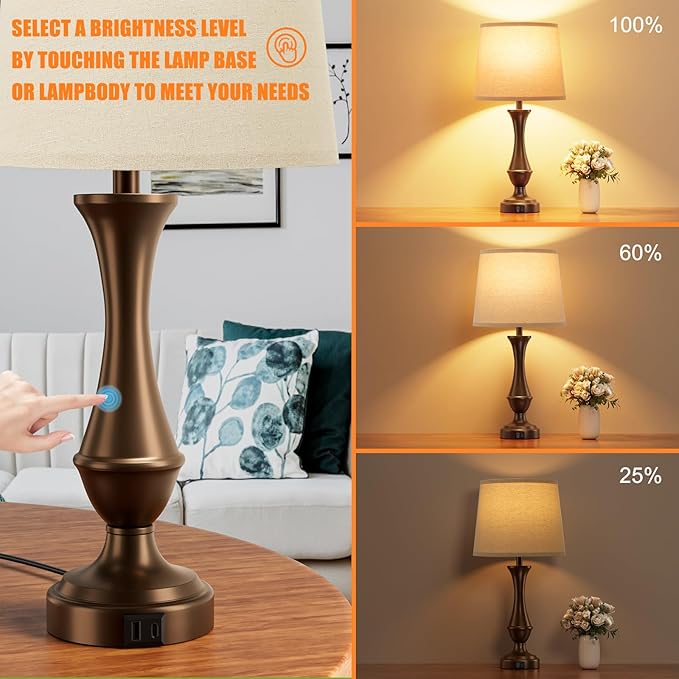 Seealle Upgraded Touch Lamps for Night Stands Set of 2 - Bedside Lamps with USB C+A, 3 Way Dimmable for Bedroom Living Room End Tables Office (Tall Oat&Brown)
