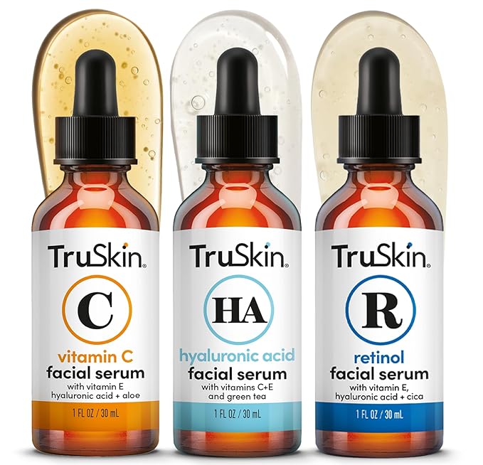 TruSkin フェイスセラムトリオ – ビタミンC、レチノール、ヒアルロン酸配合アンチエイジングセラム（顔用） – 朝用、夜用、一日中使えるスキンケア – 顔用ブライトニング、スムージング、保湿セラム、各30ml