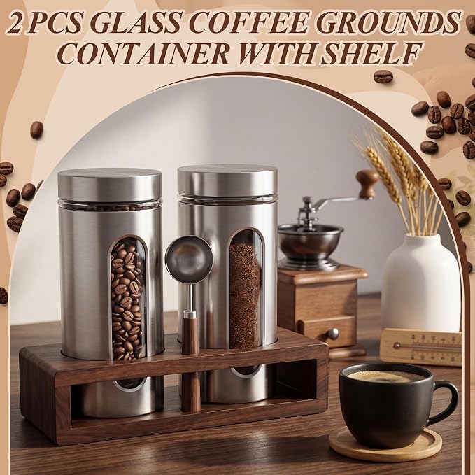 Suclain Stainless Steel Coffee Grounds Canisters with Shelf 2 x 50oz Sugar Coffee Bean Storage Container Airtight Threaded Lid Glass Window Scoop Kitchen Jar Set (Upgrade Style, 11.02 x 5.12 x 2.76'')