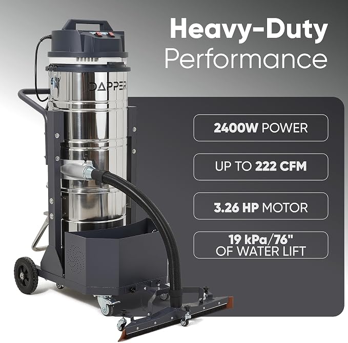26.5 Gallon Heavy-Duty Industrial Wet/Dry Vacuum, Dual Motor, 3.3 HP, 222 CFM, 27" Squeegee, 120V/20A Plug, 2 Year Warranty - Ideal for Construction Sites, Warehouses & Industrial Cleanup