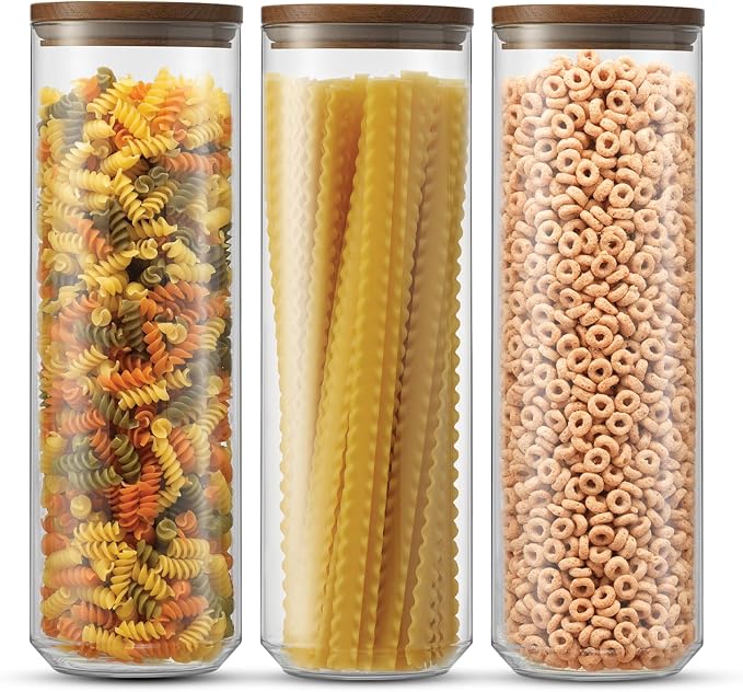 JoyJolt Holden 72oz Stackable Glass Storage Containers with Lids, Large Kitchen Food Storage Canisters with Acacia Wood Lids, Airtight Canister Set of 3 for Pasta Sugar Flour, Pantry Organization