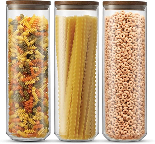 JoyJolt Holden 72oz Stackable Glass Storage Containers with Lids, Large Kitchen Food Storage Canisters with Acacia Wood Lids, Airtight Canister Set of 3 for Pasta Sugar Flour, Pantry Organization