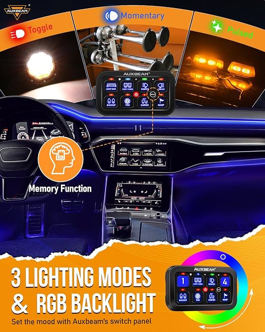 Auxbeam Switch Panel RB80 RGB 8 Gang Switch Panel Auto-Dimmable Multifunction Switch Panel w/Momentary Toggle Pulsed Memory, Aluminum Switch Panel for Truck Boat Car RV Waterproof, 3-Year Warranty