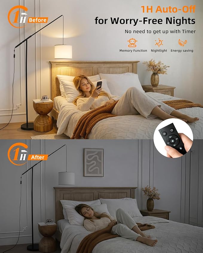 Arc Floor Lamp for Living Room, Dimmable Standing Lamp with Remote, Brightness & Color Temp Adjustable, Height Adjustable Arched Reading Light with LED Bulb, Black Tall Pole Lamp for Bedroom, Office