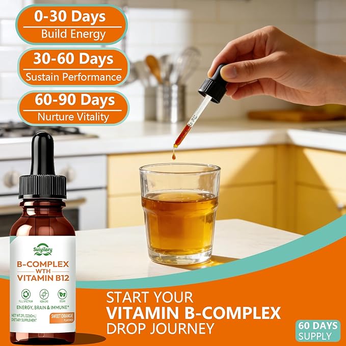 Suiyilary Vitamin B Complex Liquid Drops, B12 Methylcobalamin, B9 Folic, Vitamin C, Immune, Energy Metabolism, Brain & Heart Support, Orange Flavor, 60ml