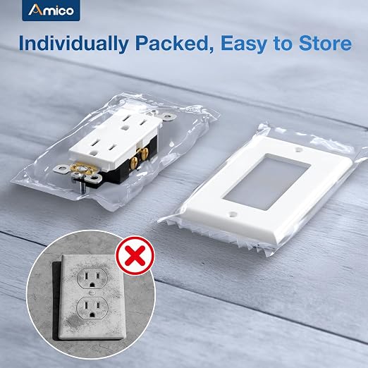 Amico 50 Pack Wall Outlet, 15 Amp Outlets, UL Listed, Tamper Resistant Standard Electrical Outlet, Decorator Receptacle with Wall Plate, Suitable for Home and Business, 125V/1875W, White