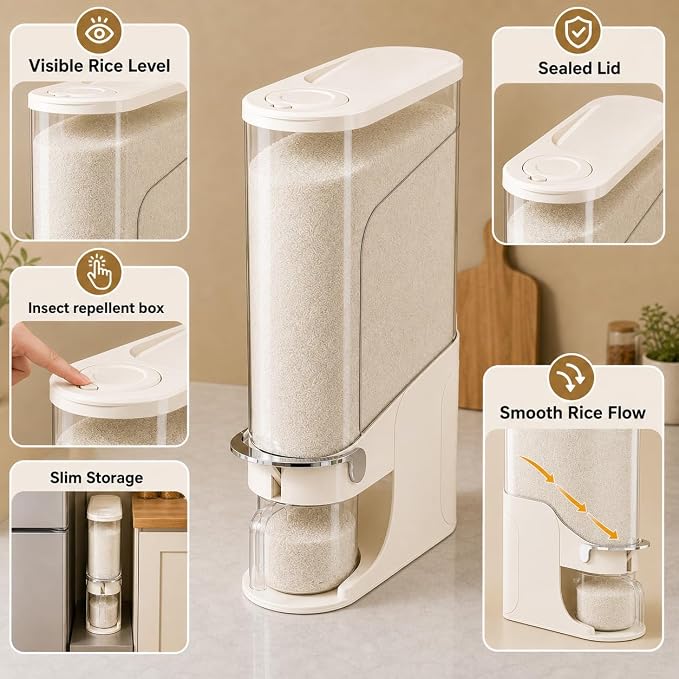 Rice Dispenser 22 Lb, Slim Rice Storage Container with Double Sealing Strip, Press to Dispense Cereal Container Airtight for Kitchen Pantry Organization, (Ivory White-22lb)