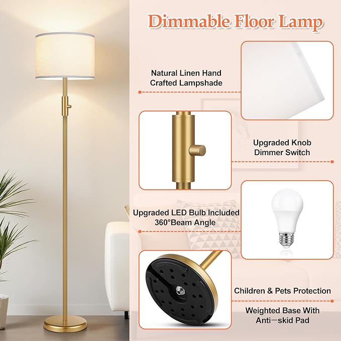 【Upgraded】 Dimmable Gold Floor Lamps for Living Room, 9W LED Bulb Included, Modern Standing Lamp with White Lamp Shade, Tall Pole Light for Bedroom Reading Office Corner Nursery