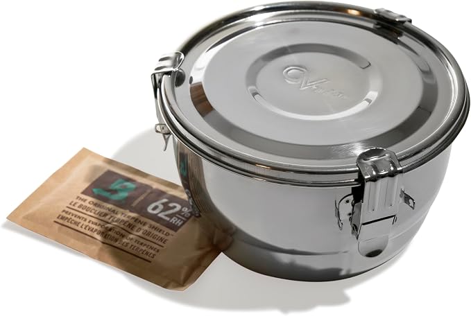 CVAULT | 1/4 lb Container | Air Tight & Light Resistant | Food Grade Stainless Steel | Includes 62% RH humidity pack