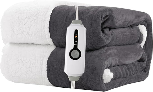Electric Heated Blanket Throw Size 50"x60" – ETL Certified for Safe Overnight, 4 Heat Settings & 3H Auto Off, Dual-Sided Microplush Sherpa for Home Theater Night, Machine Washable – Iron Gray