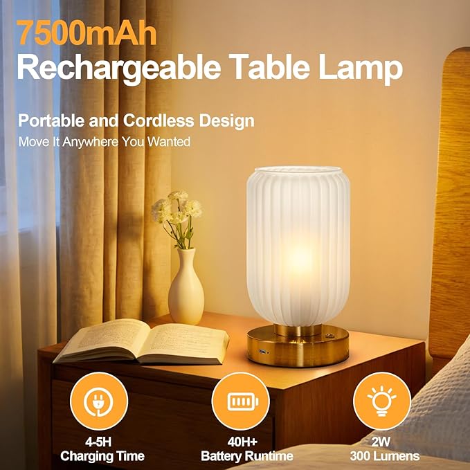 LigthRound Touch Table Lamp for Bedroom, Cordless Bedside Small Table Lamp, Dimmable Rechargeable Battery Operated Lamp for Nightstand, Bedside, Living Room, Desk, LED Bulb Included