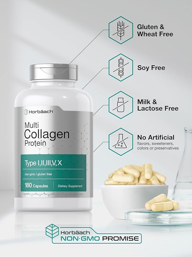 Horbäach Multi Collagen Protein 2000 mg | 180 Capsules | Hydrolyzed Collagen Type I, II, III, V, X | Keto & Paleo Friendly, Non-GMO, Gluten Free Supplement