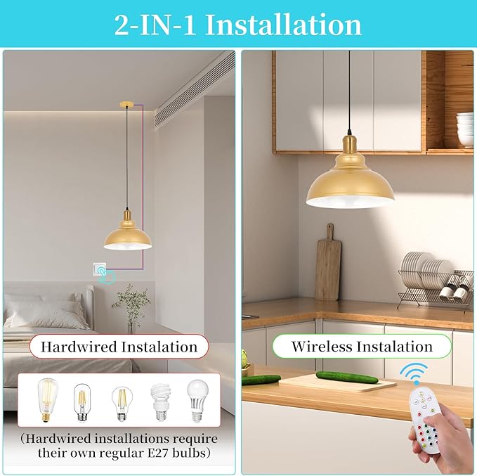 Battery Operated Pendant Lights 2 Pack,Rechargeable Pendant Light with Remote,Gold Pendant Light Fixtures for Kitchen Island,Modern Industrial Hanging Lights for Dining Room Hallway Entryway