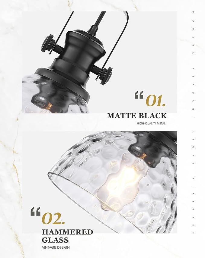 Black Pendant Lights Kitchen Island, 7.5" Farmhouse Pendant Lighting with Hammered Glass Shade, Vintage Hanging Light Fixtures for Dining Room Entryway, Adjustable Cord, AD-22151-1P-BK-H