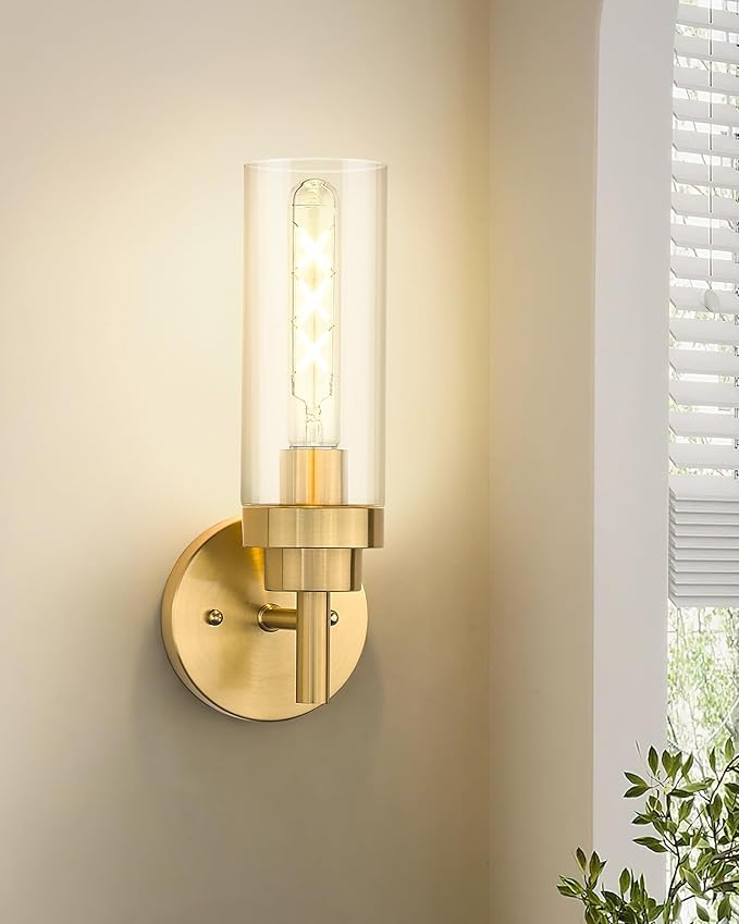 Emak Brushed Gold Sconces Wall Decor Set of 2, Modern Bathroom Light Fixtures Wall Sconce with Clear Glass Shade for Bathroom, Bedroom, Living Room, Hallway, WS085-BGD-2PK