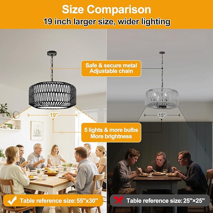 9"-52" Height Adjustable Farmhouse Chandelier Light Fixture, 5-Light Rattan Boho Chandeliers for Dining Room, Hand Woven Pendant Light with Linen Shade, Rustic Hanging Lighting for Kitchen Island