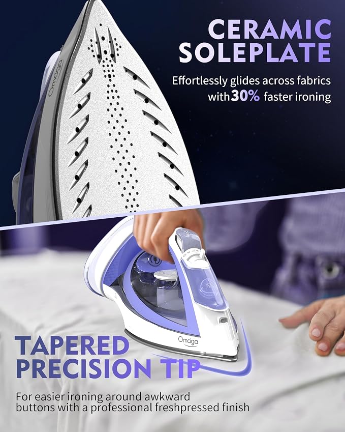 OMAIGA Cordless Steam Iron for Clothes, 1550W 2-in-1 Cordless and Corded Iron with Rapid Heat, Ceramic Soleplate, 3-Way Auto-Off, 12.85 oz Water Tank, Lavender