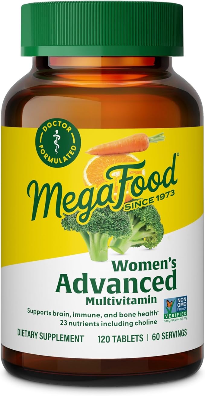 MegaFood Multivitamine avancée pour femmes – Formule de médecin avec fer, choline, vitamine D, vitamine C et zinc – Santé cérébrale – Soutien immunitaire – Sans OGM – Végétarien – 120 comprimés (60 portions)