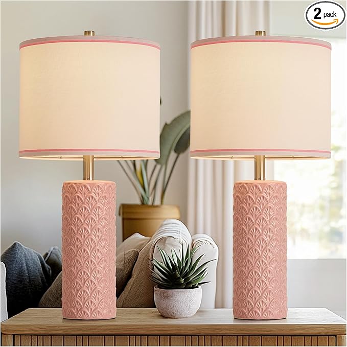 27" Farmhouse Bedside Table Lamp Set of 2, Pink Modern Ceramic Lamps for Living Room, 3 Color Temperature Rustic Table Lamps for Bedroom, Night Stands, Dorm,Office, Home Décor (Bulb Included