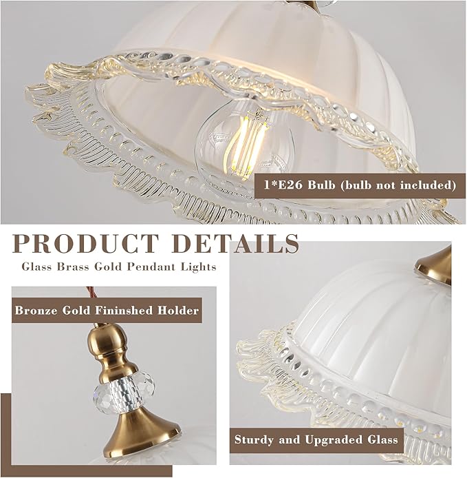 10.6" Milk Glass Vintage Pendant Light for Kitchen Island, Antique Brass Gold Pendant Light Fixture for Dining Room Hallway Bedroom