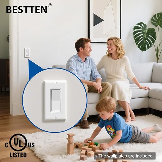 BESTTEN 20 Pack 3-Way Decorator Wall Light Switch with Wallplate, 15A 120V/277V, Single Pole or Three Way, On/Off Rocker Paddle Wall Switch, 3 Wire, Residential and Commercial Grade, UL Listed, White