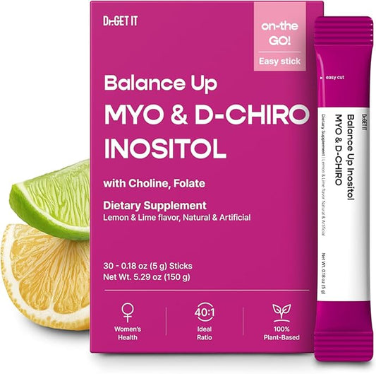 Balance Up Inositol 40:1 Myo & D-Chiro with Folate(Vitamin B9) & Choline – Hormone Balance & Reproductive Health Support for Women – Lemon Lime Stick Powder, 30 Servings