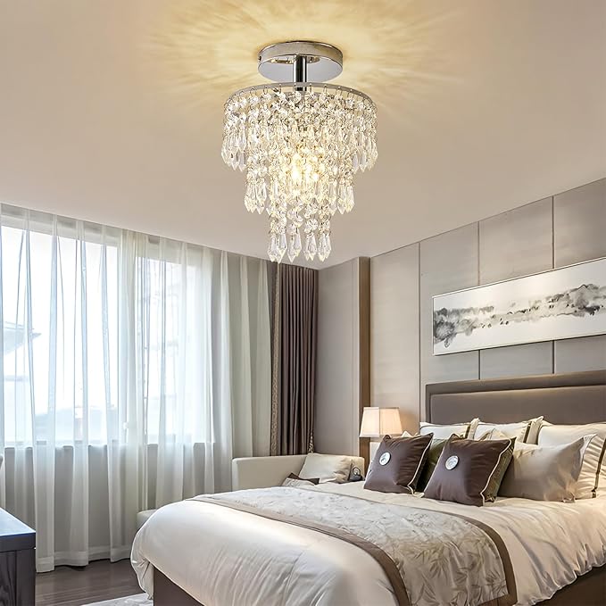 Small Crystal Chandelier, Flush Mount Ceiling Light with 3 Tiers Raindrops Crystal, E26 Base, Mini Chandelier, Ideal for Bedroom, Living Room, Hallway, Bar, Kitchen, Bathroom. D7.9"x H11" (Chrome)