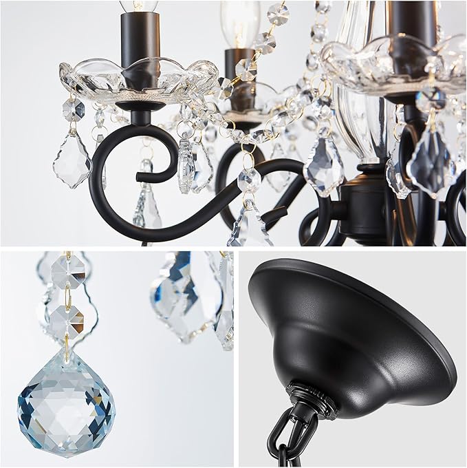ANJIADENGSHI Small Crystal Chandelier, Modern Black Chandelier Dining Room Light Fixture, Mini Crystal Pendant Light for Bedroom Ceiling Light Fixture for Living Room Entryway Kitchen Island Hallway