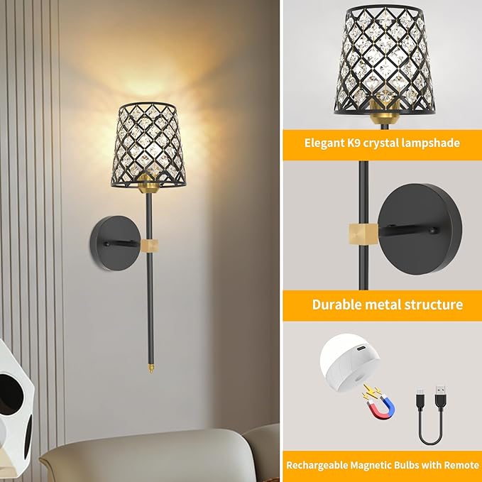 Crystal Battery Operated Wall Sconces Set of 2, Black and Gold Rechargeable Wireless Wall Sconce Lights for Home Decor, Dimmable 12 RGB and 3CCT Wall Lamps with Remote for Living Room Bedroom Hallway
