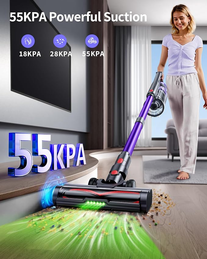 Cordless Vacuum Cleaner, 55KPa 650W Powerful Stick Vacuum for Home, 60Mins Runtime, 1.8L XL Dust Cup One-Touch Empty, Green LED Anti-Tangle Brush & Fragrance, for Pet Hair Carpet Hard Floor