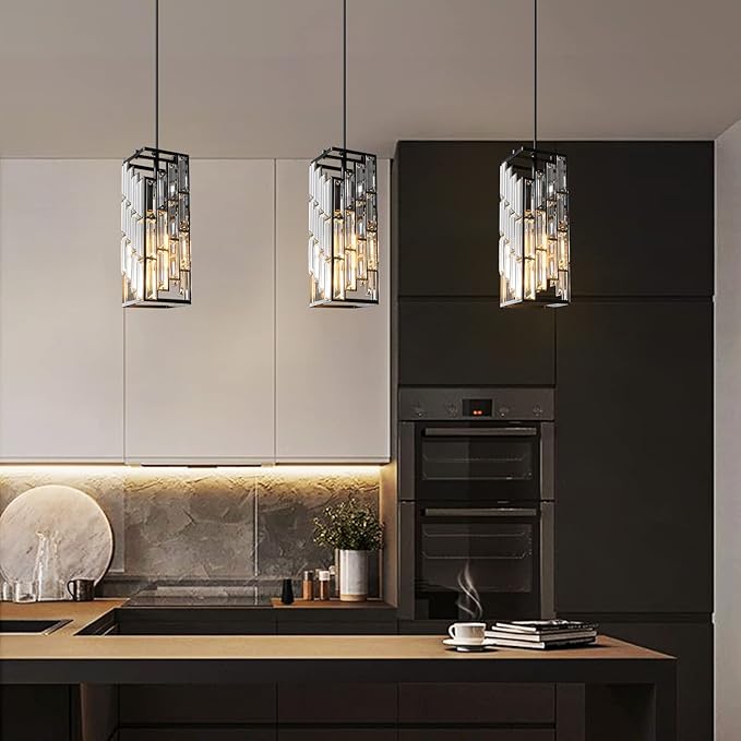 Black Pendant Lighting Modern Pendant Light, Mini Crystal Chandeliers,Adjustable Pendant Light Fixture for Kitchen Island Dinning Room Bedroom (3 Pack)