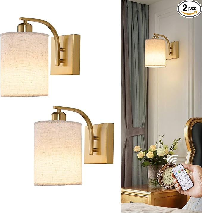 Powfloven Gold Rechargeable Wall Sconces Set of 2 with Remote, Wireless Battery Operated Dimmable LED Wall Lights, Cordless Wall Lighting Lamp Fixture for Bedroom Living Room